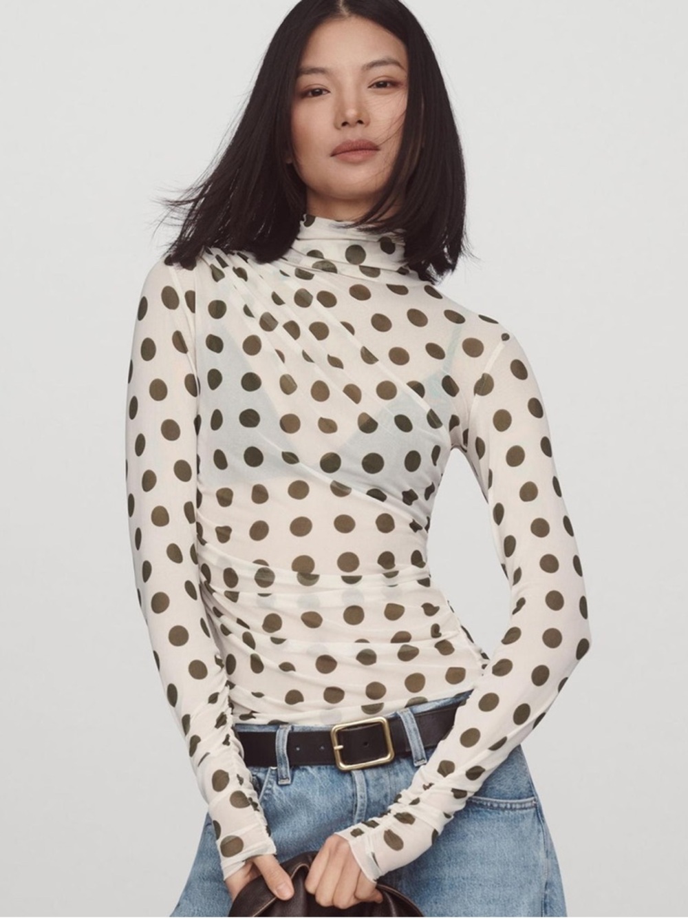 AFRM Zadie Turtleneck Top Ivory Green Polka Dots